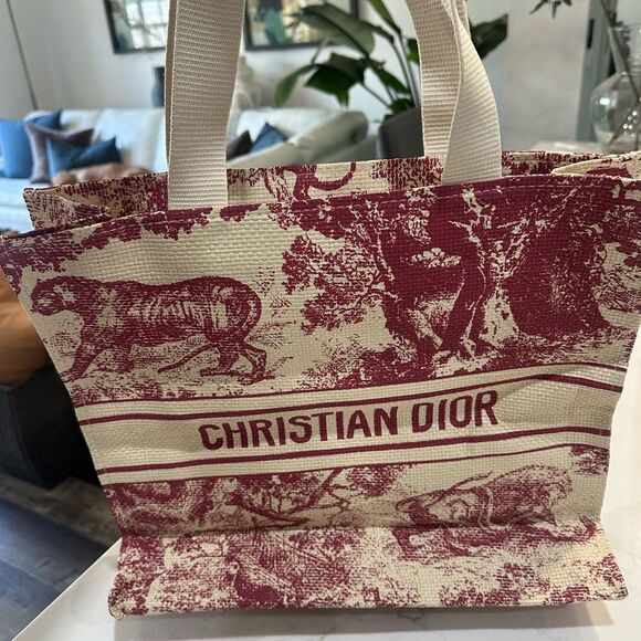 Christian Dior Red and Cream Dior Riviera Straw Tote Bag - Picture 6 of 6